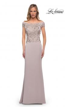 Picture of: Chic Satin Gown with Lace Off the Shoulder Top in Light Taupe, Main Picture