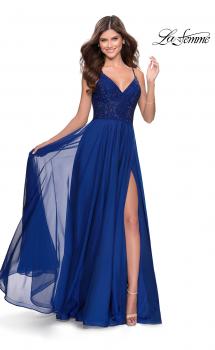 Picture of: Chiffon Prom Dress with Sheer Floral Lace Bodice in Marine Blue, Style: 28664, Main Picture