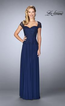 Picture of: Beaded Lace Evening Dress with Cap Sleeves and Peplum in Marine Blue, Style: 24915, Main Picture