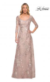 Picture of: Metallic Lace Long Gown with Three-Quarter Sleeves in Pink, Style: 30054, Main Picture