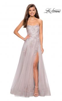 Picture of: Long Strapless Tulle Prom Dress with Floral Appliques in Mauve/Silver, Style: 27803, Main Picture