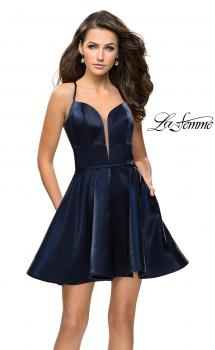 Picture of: Fit and Flare Satin Short Dress with Deep Neckline in Navy, Style: 26659, Main Picture