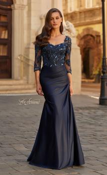Blue Picture of: Beaded Lace Satin Gown with Sheer Sleeves and Ruched Skirt in Navy, Style: 31802, Main Picture