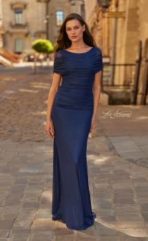 Blue Picture of: Ruched Metallic Jersey Gown with Sheer Sleeves and V-Back in Navy, Style: 33139, Main Picture