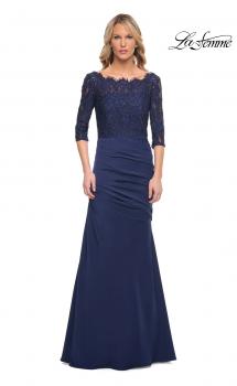 Picture of: Gathered Mermaid Satin Gown with Lace Top in Navy, Style: 24926, Main Picture