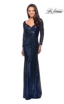 Picture of: Long Sleeve Sequined Gown with Soft V-Neckline in Navy, Style: 25331, Main Picture