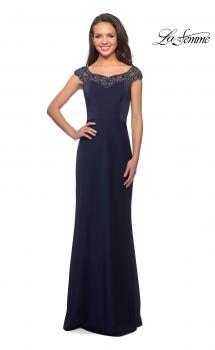 Picture of: Long Jersey Gown with Embellished Neckline in Navy, Style: 25399, Main Picture