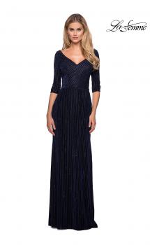 Picture of: Long Velvet Beaded Dress with Three Quarter Sleeves in Navy, Style: 26456, Main Picture
