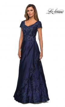 Picture of: V-neck Jersey Floor Length Gown with Short Sleeves in Navy, Style: 27033, Main Picture