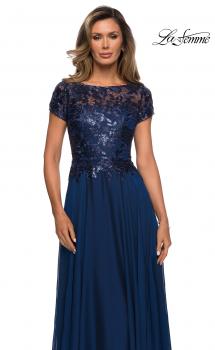 Picture of: Short Sleeve Metallic Lace Evening Dress with Chiffon Skirt in Navy, Style: 27924, Main Picture