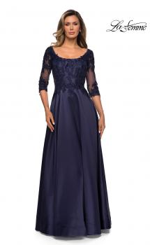 Picture of: Three Quarter Sleeve Gown with Lace Sheer Back in Navy, Style: 27988, Main Picture