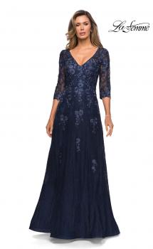Picture of: Three Quarter Sleeve A-line Dress with Lace and Beads in Navy, Style: 28000, Main Picture