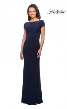 Picture of: Floor Length Jersey Evening Gown with Cap Sleeves in Navy, Style: 28026, Main Picture