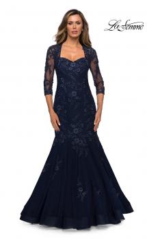 Picture of: Long Lace Mermaid Gown with Square Neckline in Navy, Style: 28033, Main Picture