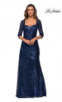 Picture of: Floor Length Sequin Gown wtih Ruching and Sleeves in Navy, Style: 28065, Main Picture