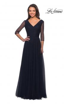 Picture of: Tulle and Beaded Long A-Line Gown with Sheer Sleeves in Navy, Main Picture