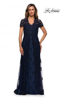 Picture of: Long Lace Evening Dress with Scallop Detailing and Rhinestones in Navy, Style: 28195, Main Picture