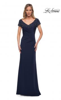 Picture of: Short Sleeve Evening Dress with Beaded Neckline in Navy, Main Picture
