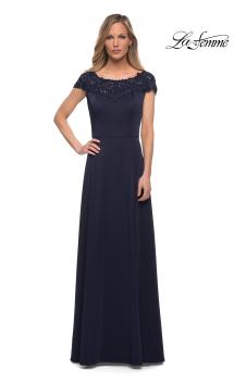 Picture of: Jersey Gown with Full Skirt and Lace Detail Top in Navy, Main Picture