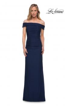 Picture of: Ruched Off the Shoulder Net Jersey Evening Dress in Navy, Main Picture