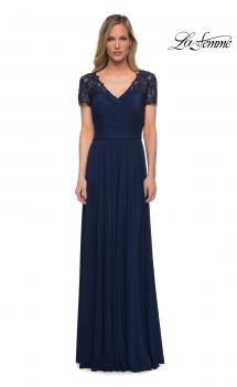 Picture of: Jersey Long Evening Dress with Short Lace Sleeves in Navy, Main Picture