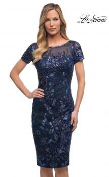 Picture of: Short Beaded Lace Dress with Illusion Top and Sleeves in Navy, Main Picture
