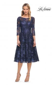 Picture of: Beautiful Lace Tea Length Gown with Three-Quarter Sleeves in Blue, Style: 30005, Main Picture