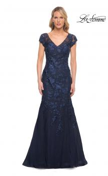 Picture of: Lace and Tulle Mermaid Gown with Cap Sleeves in Blue, Style: 30269, Main Picture