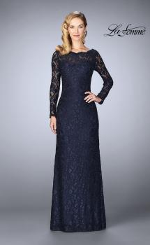 Picture of: Lace Gown with Long Illusion Sleeves and Closed Back in Navy, Style: 24869, Main Picture