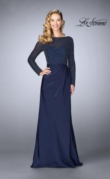 Picture of: Beaded Long Evening Gown with Sheer Sleeves in Navy, Style: 24895, Main Picture