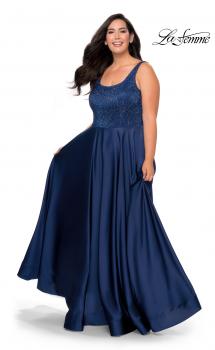Picture of: Rhinestone Bodice Plus Size Prom Gown with Pockets in Navy, Style: 28879, Main Picture