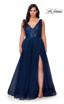 Picture of: Curvy A-line Prom Gown with Sequin Bodice and Tulle Skirt in Navy, Style: 29045, Main Picture