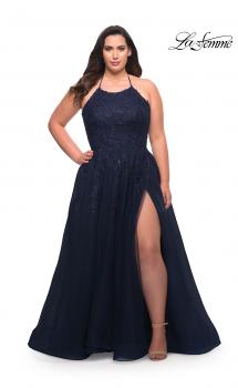 Picture of: Tulle Gown with Lace Bodice and High Neckline in Navy, Style: 29071, Main Picture