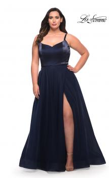 Picture of: Long Plus Size Gown with Tulle Skirt and Satin Top in Navy, Style: 29072, Main Picture