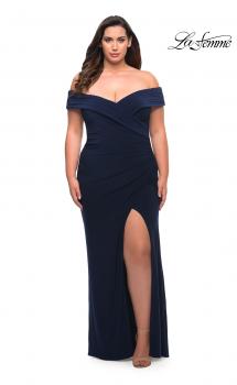 Picture of: Jersey Plus Size Dress with Off the Shoulder Top in Navy, Style: 29397, Main Picture