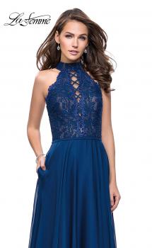 Picture of: Long A Line Chiffon Dress with Lace Up Neckline in Navy, Style: 25347, Main Picture