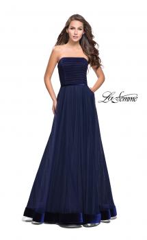 Picture of: Long Strapless Prom Dress with Velvet Bodice Detail in Navy, Style: 25408, Main Picture