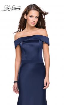 Picture of: Satin Off the Shoulder Dress with Trumpet Silhouette in Navy, Style: 25579, Main Picture