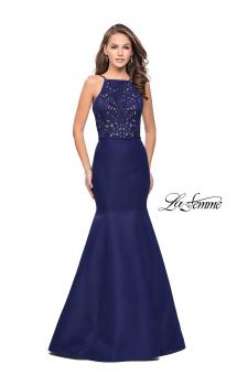 Picture of: Long Mermaid Prom Dress with Laser Cut Pattern Detail in Navy, Style: 25650, Main Picture