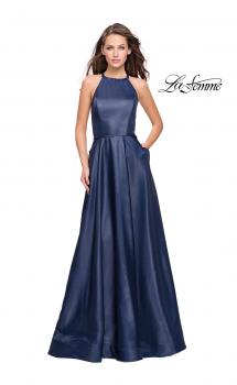 Picture of: Long A-line Beaded Mikado Prom Dress with Pockets in Navy, Style: 26162, Main Picture