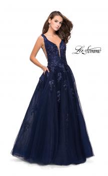 Picture of: Tulle Ball Gown with Beading, Lace, and Mesh Detailing in Navy, Style: 26334, Main Picture