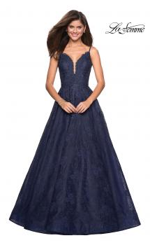 Picture of: Lace Detail Long A Line Prom Dress with Open Back in Navy, Style: 27030, Main Picture