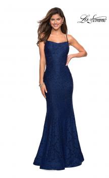 Picture of: Stretch Lace Gown with Square Neckline and Open Back in Navy, Style: 27565, Main Picture