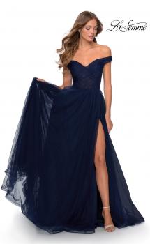 Picture of: Off The Shoulder Tulle Prom Dress with Sheer Bodice in Navy, Style: 28462, Main Picture