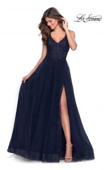 Picture of: Pretty A-line Prom Dress with Sheer Floral Bodice in Navy, Style: 28680, Main Picture