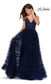 Picture of: Layered Tulle Prom Dress with Sheer Rhinestone Top in Navy, Style: 28788, Main Picture