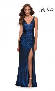 Picture of: Gorgeous Metallic Jersey Gown with Ruffle Detail in Navy, Style 29759, Main Picture