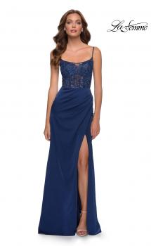 Picture of: Satin Dress with Sheer Lace Bodice and Slit in Navy, Style 29888, Main Picture