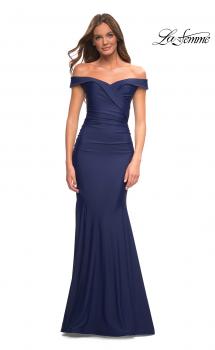 Picture of: Chic Off the Shoulder Evening Dress with Ruching in Navy, Main Picture