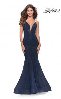 Picture of: Mermaid Rhinestone Tulle Gown with Open Back in Navy, Style: 31119, Main Picture